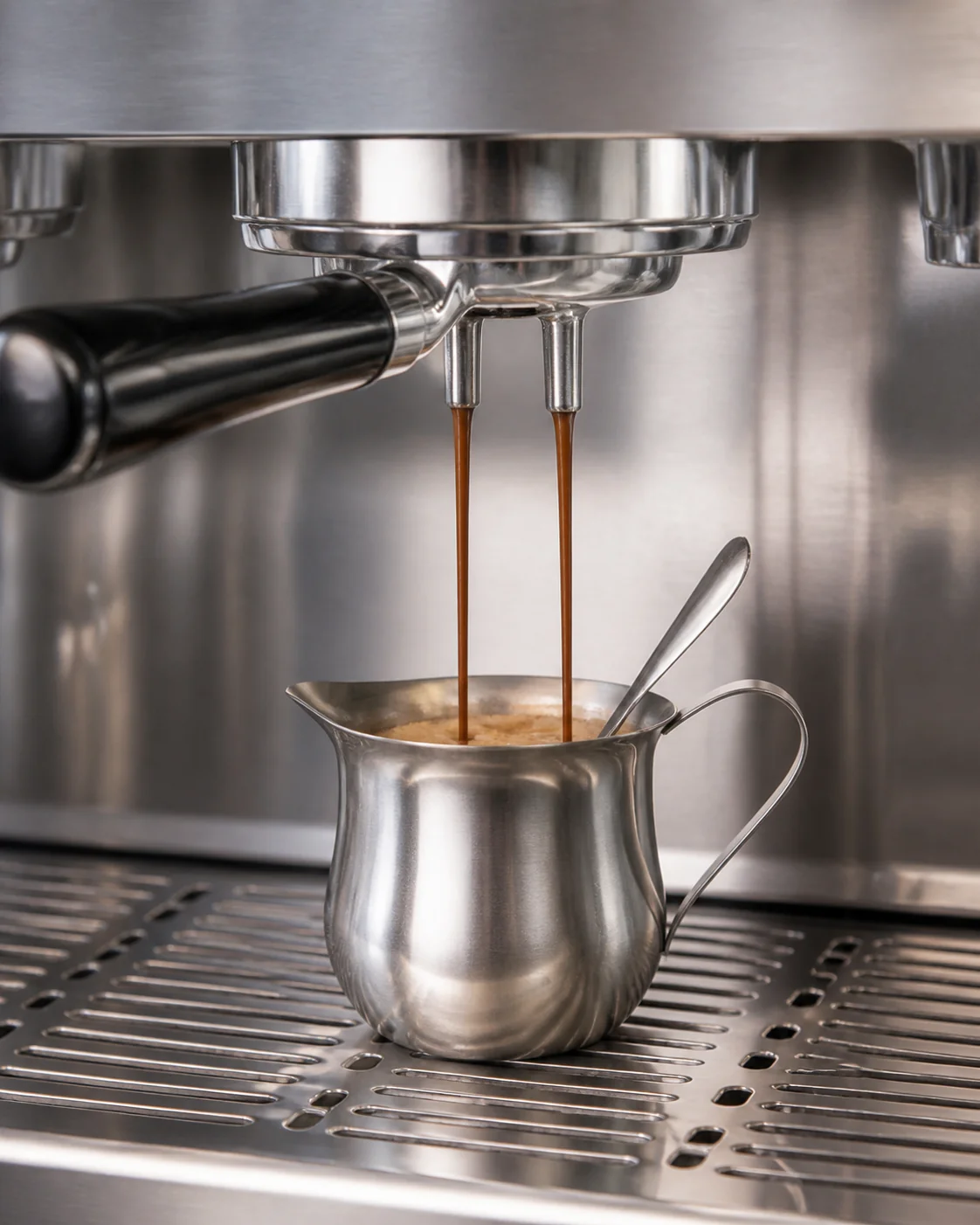 Espresso filling the steel pot at the machine