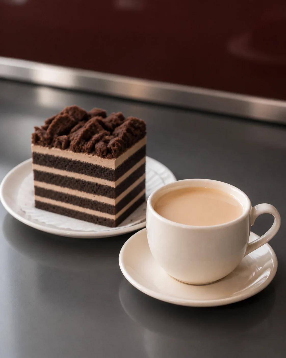 Café con leche and a slice of chocolate cake